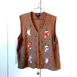 Brown Wool‎ Beaded Holly Christmas Stocking Vest Designer Originals size XL